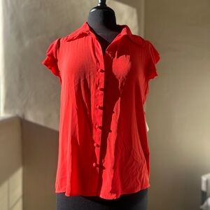T TAHARI Red Ruffle Sleeve Button Front Blouse Top M